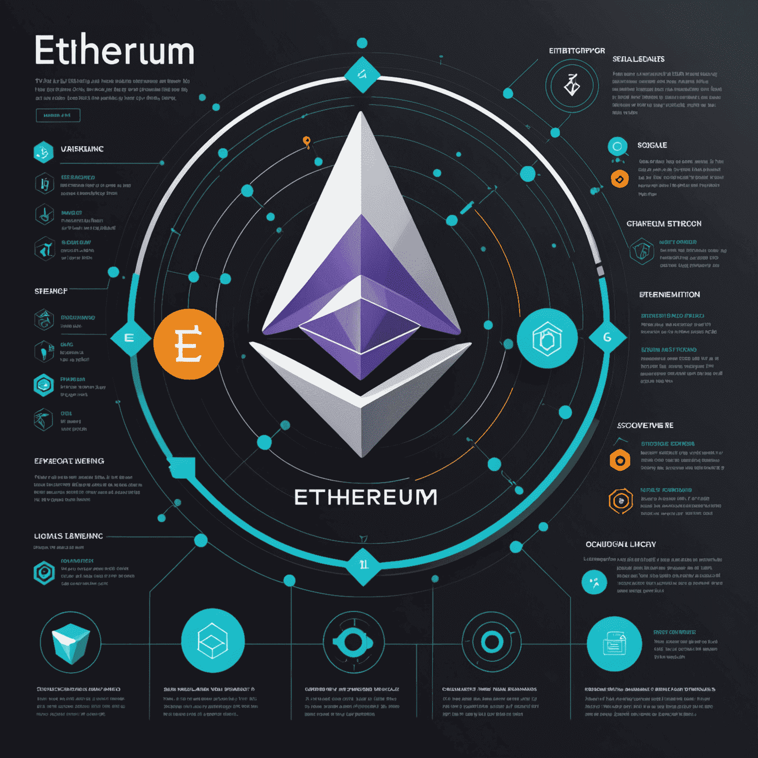 Infographic explaining the key features of Ethereum 2.0 upgrade, including improved scalability, energy efficiency, and staking mechanism. The image uses Ethereum's logo and a futuristic design.