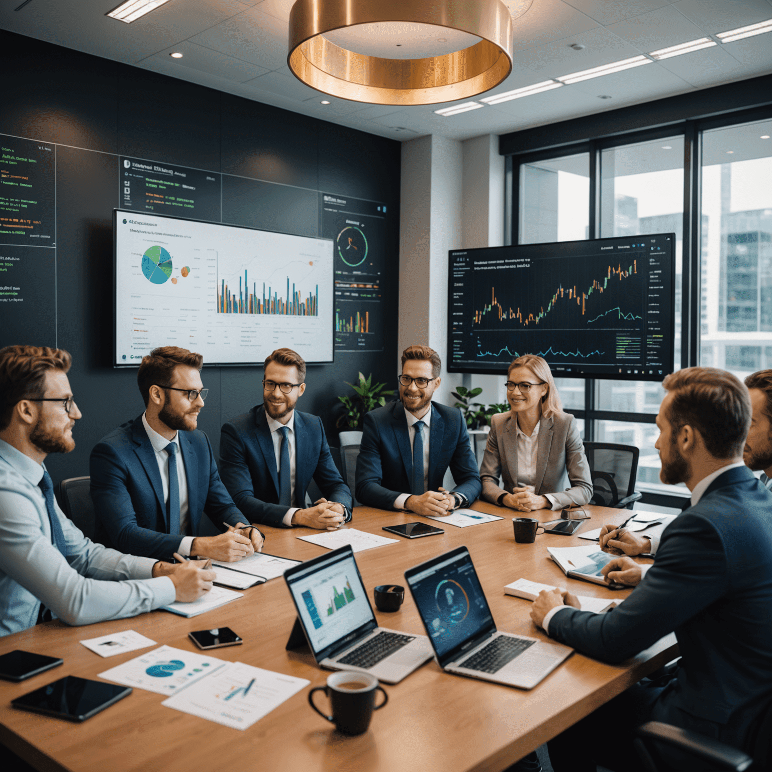 A group of USA regulators in a meeting room, discussing cryptocurrency regulations. The image shows a positive and collaborative atmosphere, with charts and presentations visible in the background.