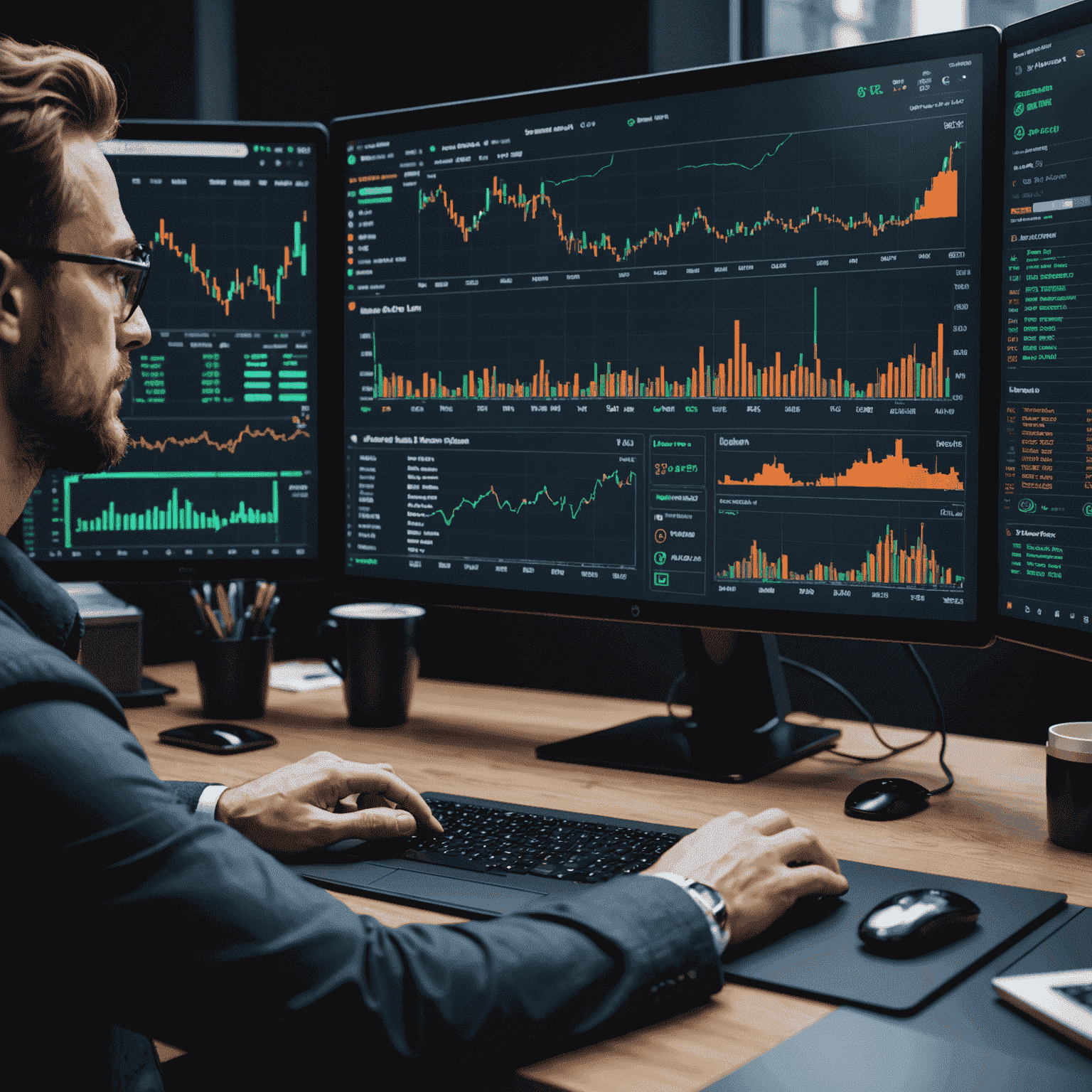 A futuristic interface of an AI-powered crypto trading platform, showing real-time market analysis, predictive charts, and automated trading features.