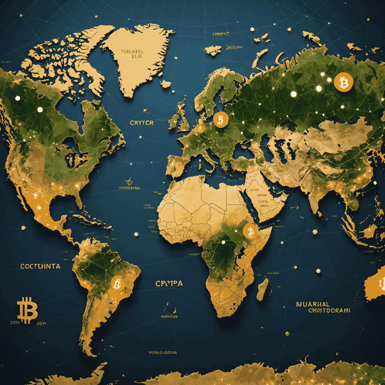 A world map highlighting major financial centers with cryptocurrency symbols overlaid, indicating the global integration of crypto into traditional markets.